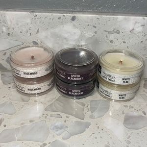 Woodwick petite 1.1oz candle -set of 6! Rosewood, white teal & spiced blackberry